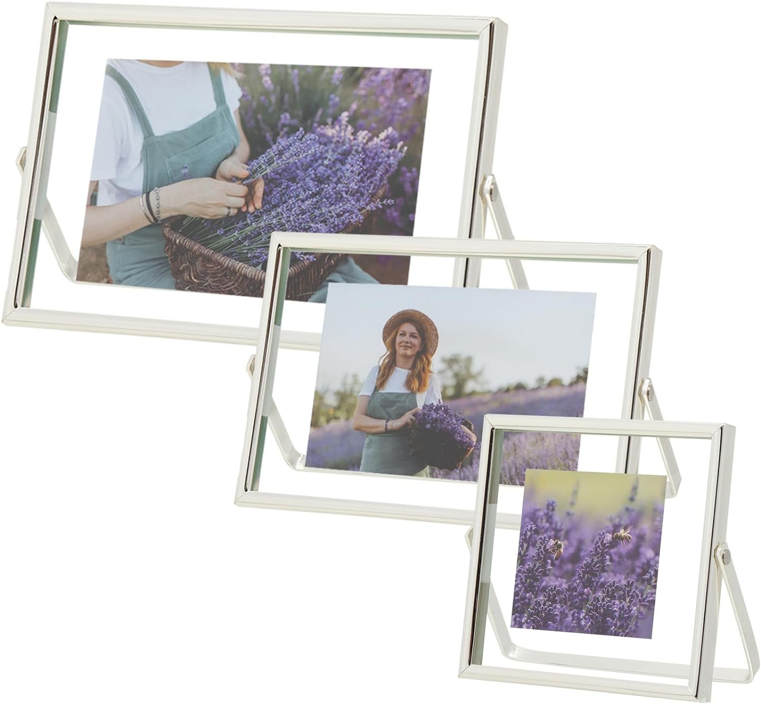 Factory Wholesale Floating Glass Picture Frame Set of 3, Silvery Metal Display Frame, Tempered Photo Frame for Tabletop, Size Includes 4×4 4×6 5×7 Display, Horizontal Picture Frame, Size Includes 4×4 4×6 5×7