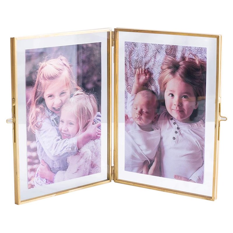 Factory Wholesale Customized Double Picture Frames Gold Double Pictures Frame with Pressed Glass Photo Frame, Brass (4 x 6”)