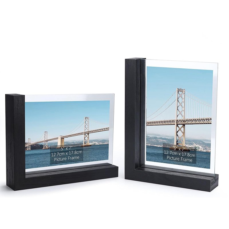 Factory Wholesale Made of Black Wooden L-shaped Base with Glass, Double Sided Display Photo Pictures 5 by 7 inch Vertical Horizontal for Tabletop Frame